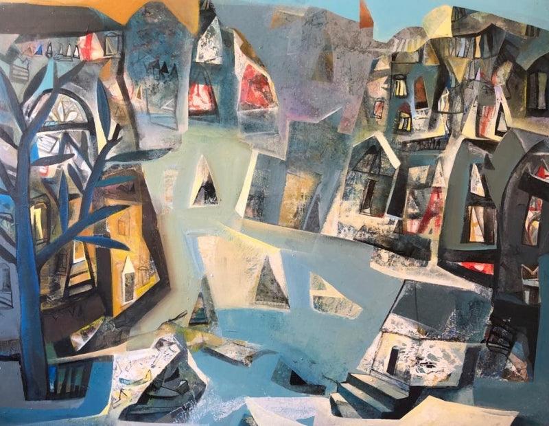 Cityscape acrylic painting titled 'Untitled 4', 42x54 inches, by artist Tapas Ghosal on Canvas