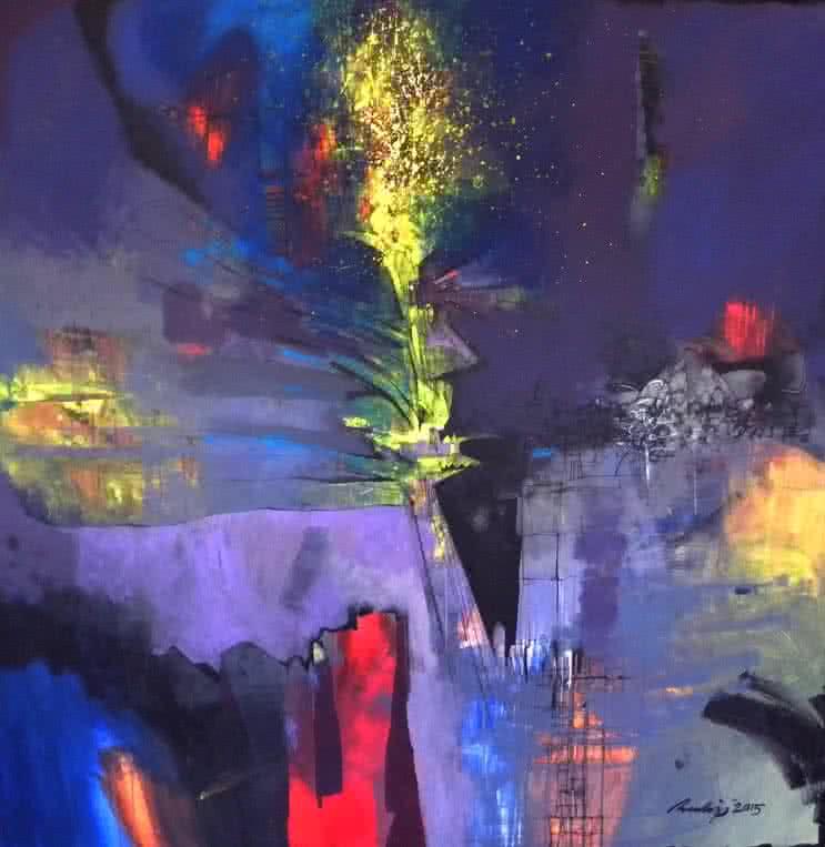 Abstract acrylic painting titled 'Untitled 4', 57x57 inches, by artist Pradip Sengupta on Canvas
