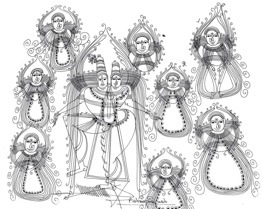 Religious mixed media drawing titled 'Untitled 48', 11x14 inches, by artist Krishnaprakash Vasant Martand on Canson Paper