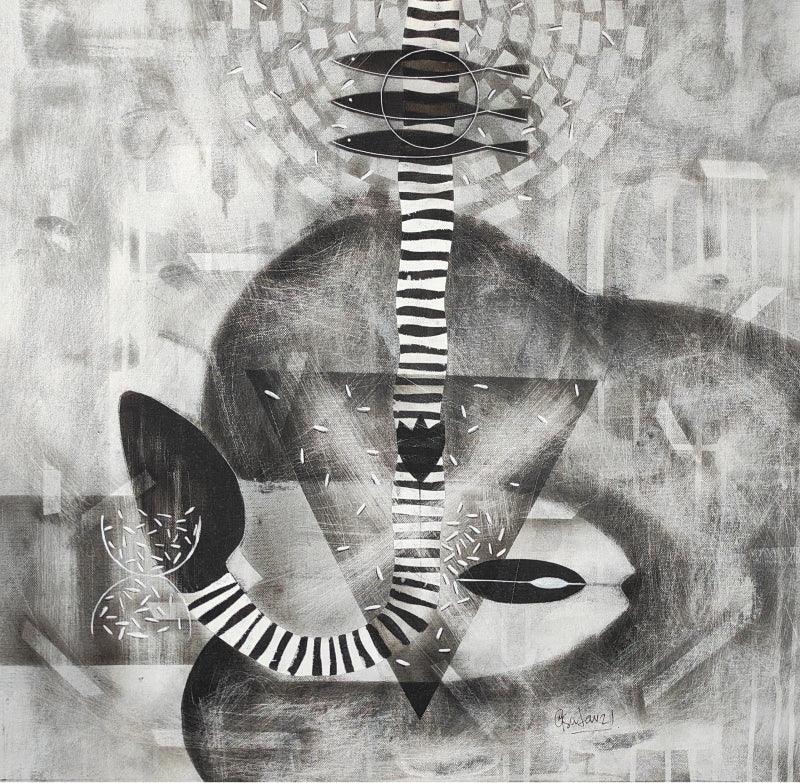 Abstract charcoal painting titled 'Untitled 48', 24x24 inches, by artist Narendra Jatav on Canvas