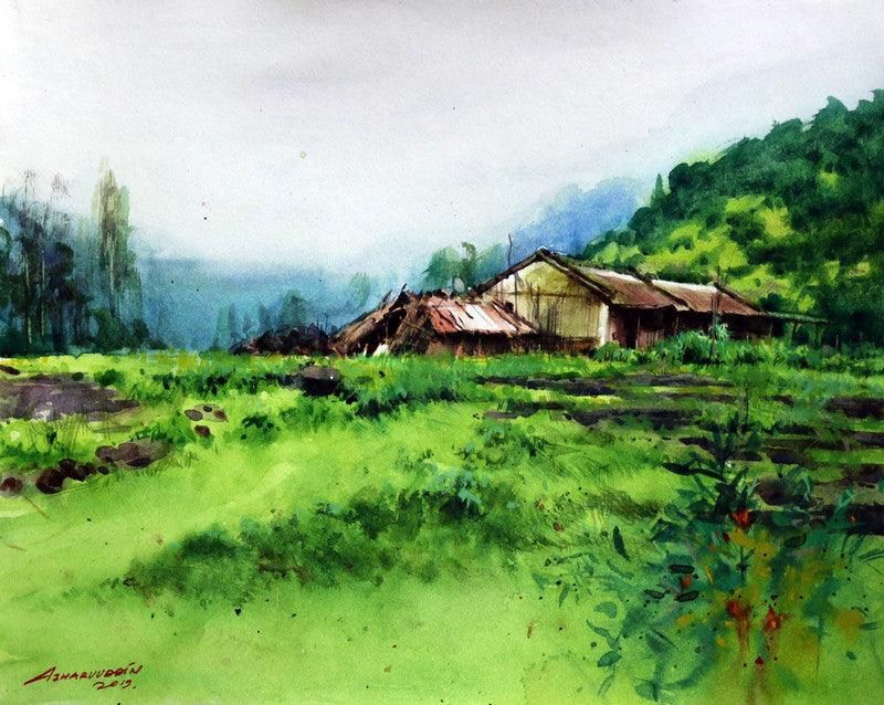 Landscape watercolor painting titled 'Untitled 5', 9x12 inches, by artist Azharuuddin Inamdar on Paper