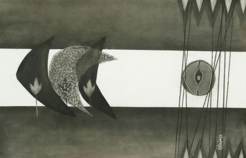 Abstract charcoal drawing titled 'Untitled 5', 14x22 inches, by artist Narendra Jatav on Paper