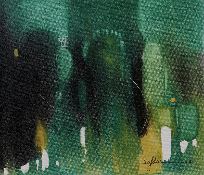 Abstract oil painting titled 'Untitled 5', 12x14 inches, by artist Safdar Shamee on Canvas