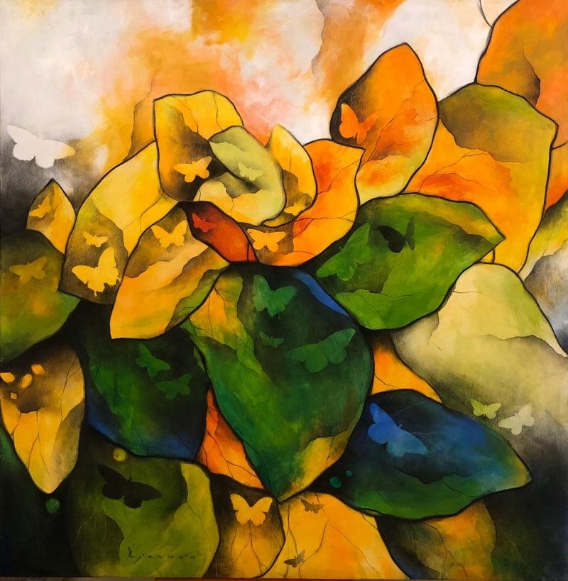 Nature acrylic charcoal painting titled 'Untitled 5', 40x40 inches, by artist Ajay De on Board