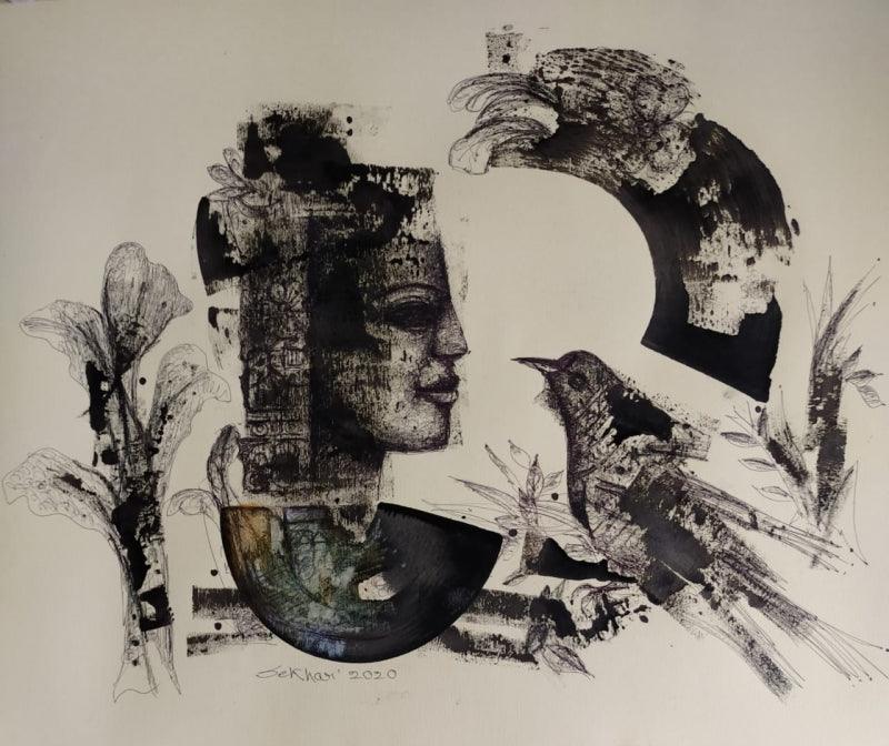 Figurative mixed media painting titled 'Untitled 5', 20x28 inches, by artist Sekhar Kar on Paper