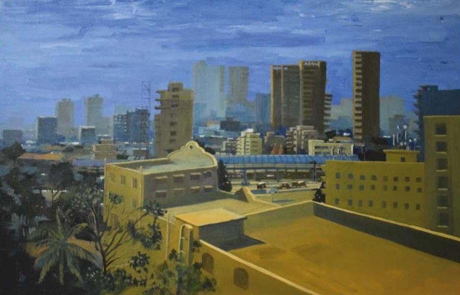 Cityscape acrylic painting titled 'Untitled 5', 32x50 inches, by artist Ritesh Chopda on Canvas