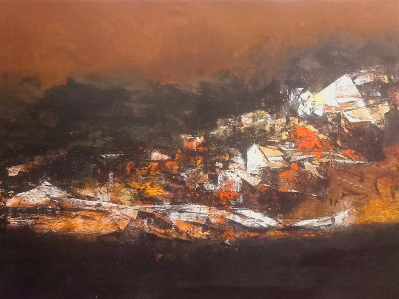 Abstract acrylic painting titled 'Untitled 51', 36x48 inches, by artist Dnyaneshwar Dhavale on canvas