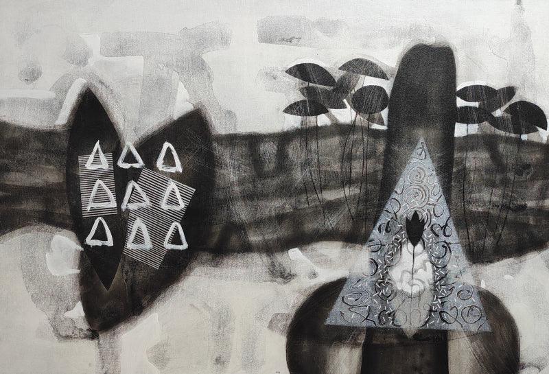 Abstract charcoal painting titled 'Untitled 52', 24x36 inches, by artist Narendra Jatav on Canvas