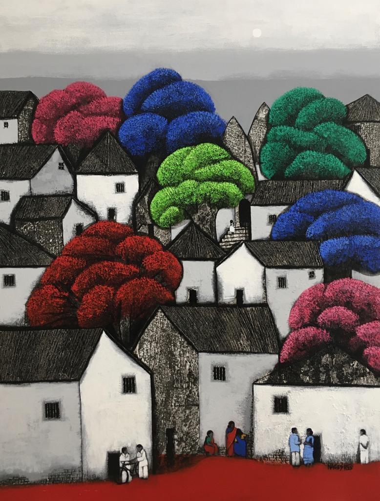 Cityscape acrylic painting titled 'Untitled 53', 48x36 inches, by artist Nagesh Ghodke on Canvas