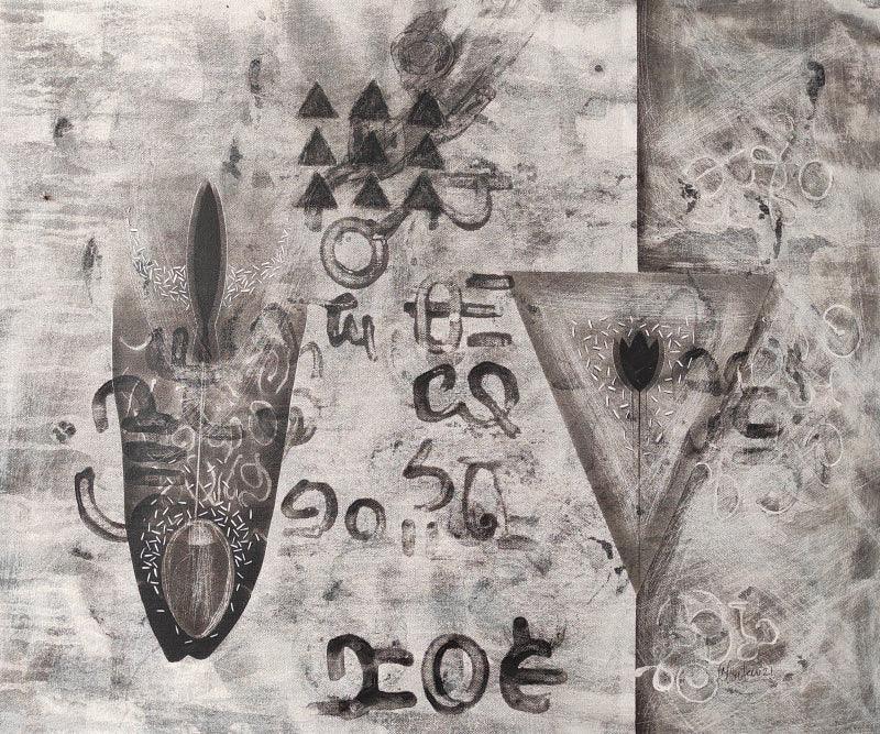 Abstract charcoal painting titled 'Untitled 53', 24x24 inches, by artist Narendra Jatav on Canvas