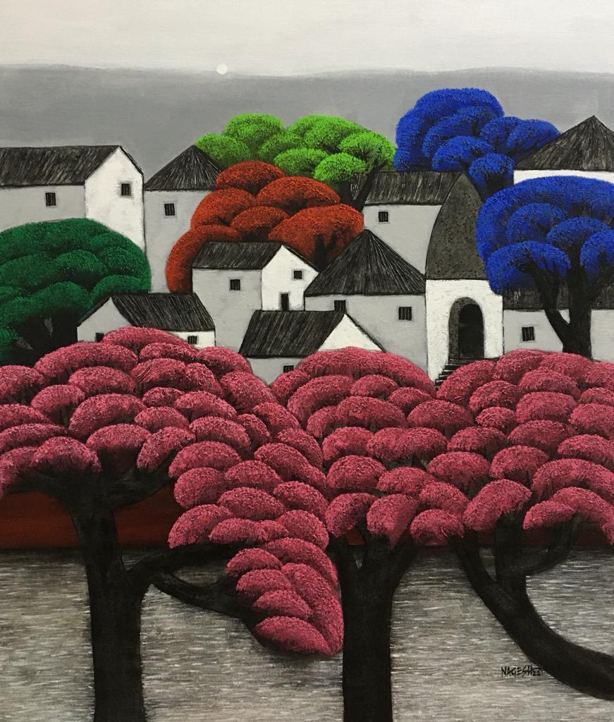 Cityscape acrylic painting titled 'Untitled 54', 42x36 inches, by artist Nagesh Ghodke on Canvas