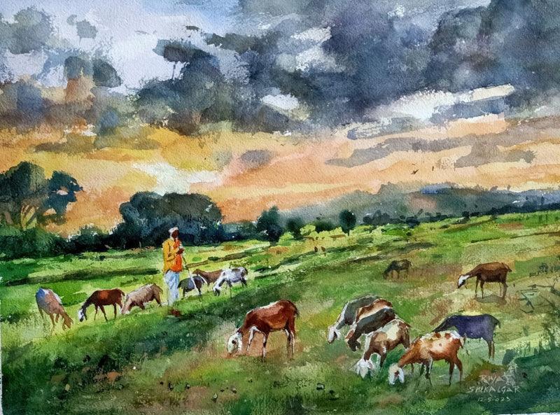 Landscape watercolor painting titled 'Untitled 6', 11x15 inches, by artist Riyaj Shikalgar on Paper