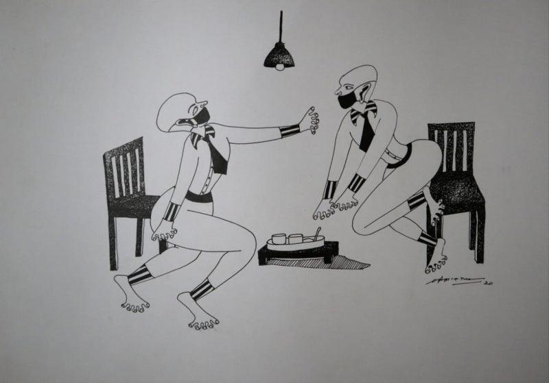 Figurative pen ink drawing titled 'Untitled 6', 13x17 inches, by artist Shrikant Ranga on Paper