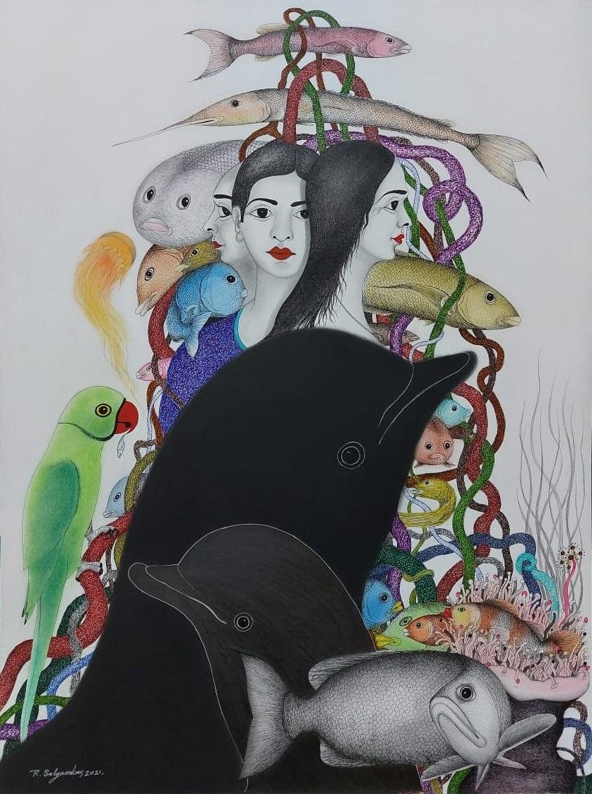 Figurative mixed media painting titled 'Untitled 6', 30x22 inches, by artist Rajesh Salagaonkar on Paper