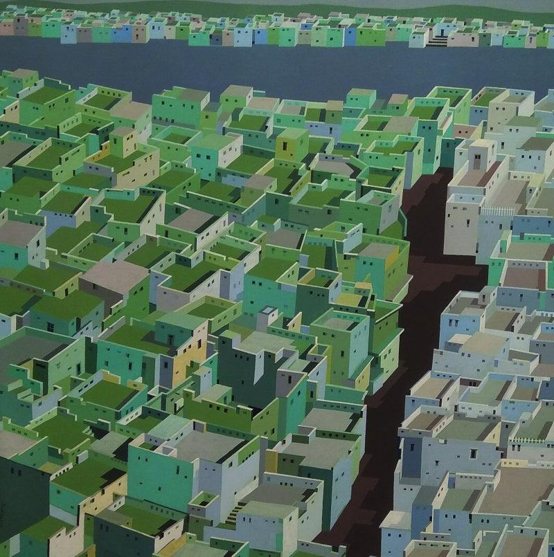 Cityscape acrylic painting titled 'Untitled 6', 48x48 inches, by artist Madan Pawar on Canvas