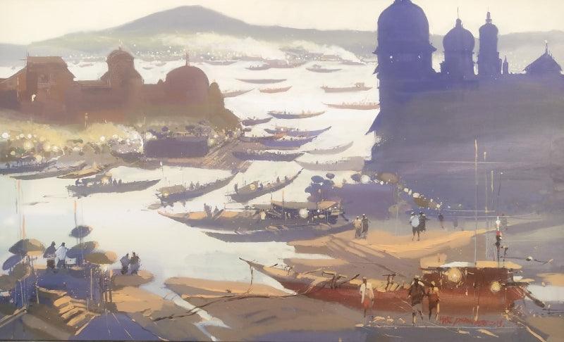 Cityscape acrylic painting titled 'Untitled 6', 36x72 inches, by artist Hari Dhongade on Canvas