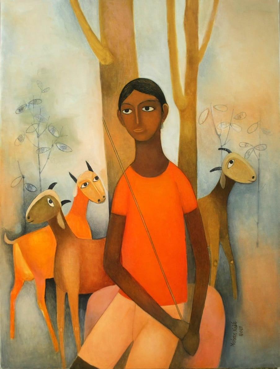 Figurative oil painting titled 'Untitled 6', 32x24 inches, by artist Mohan Naik on Canvas