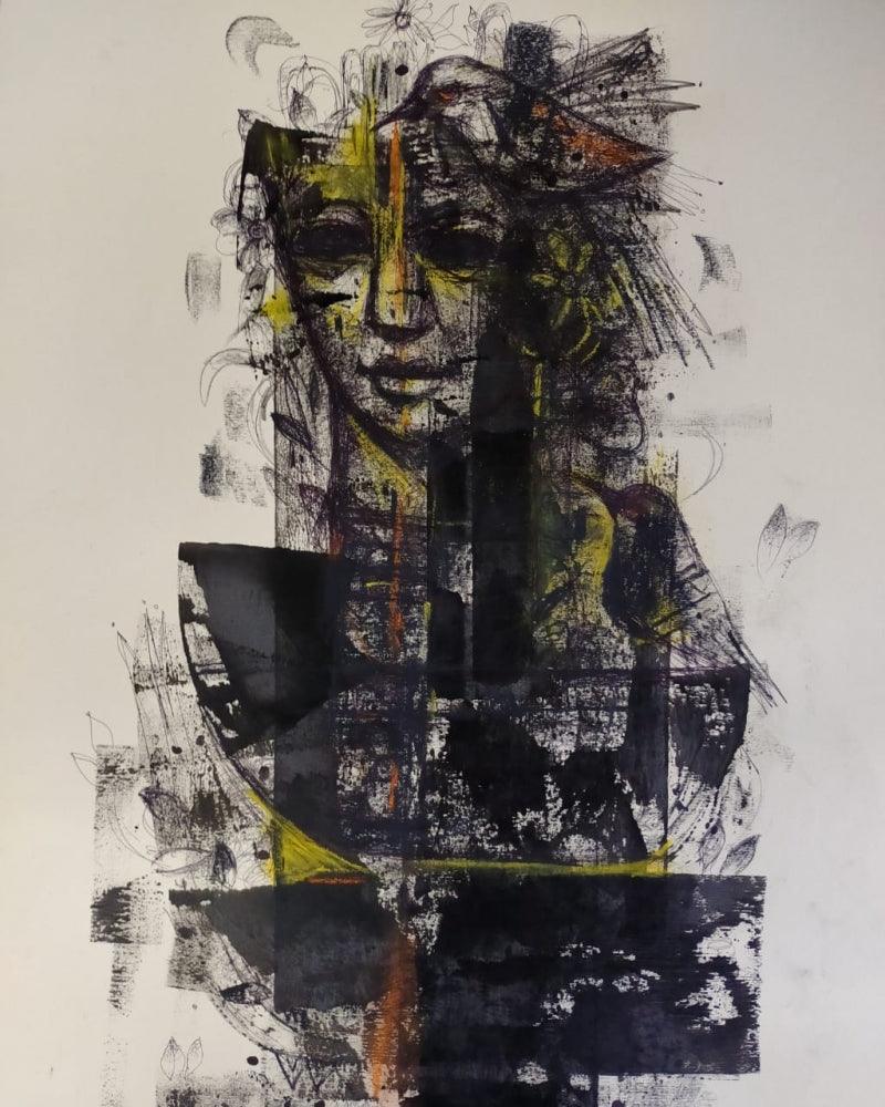 Figurative mixed media painting titled 'Untitled 6', 28x20 inches, by artist Sekhar Kar on Paper