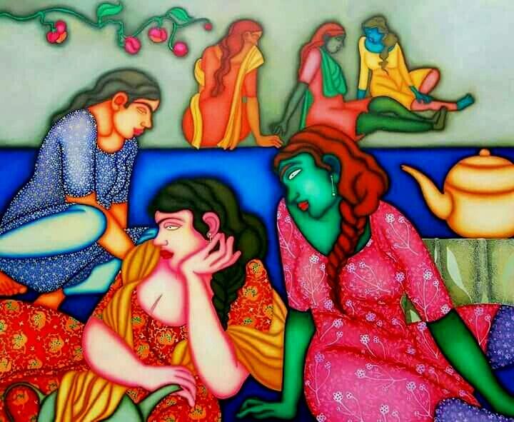 Figurative oil painting titled 'Untitled 6', 40x40 inches, by artist Jayita Borthakur on Canvas