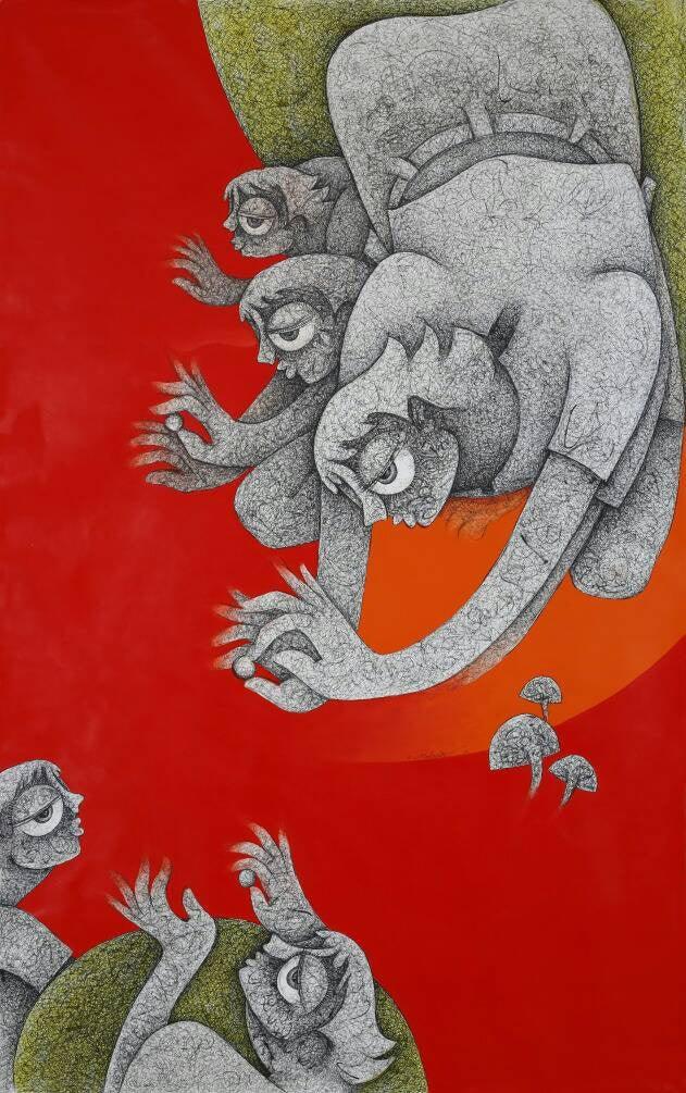 Figurative acrylic ink painting titled 'Untitled 6', 60x36 inches, by artist Mahavir Verma on Canvas