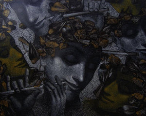 Untitled 6 (Serenade of Souls) by Arya Chowdhury, Original Mixed Media Figurative Painting on Canvas, Medium Horizontal Wall Art