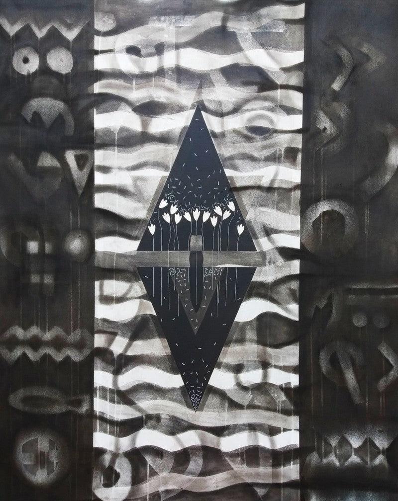 Abstract mixed media drawing titled 'Untitled 6', 60x48 inches, by artist Narendra Jatav on Canvas