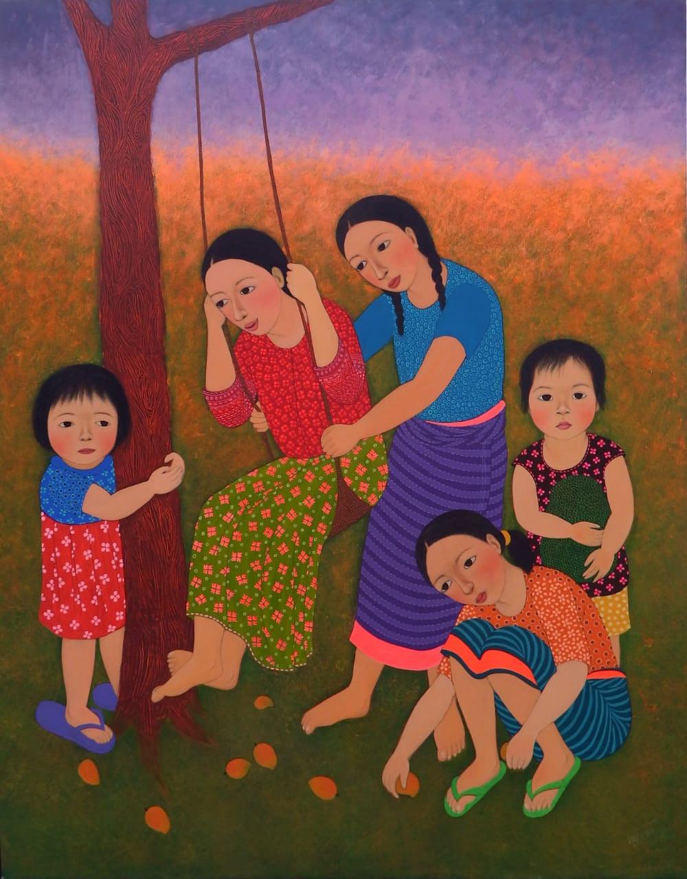 Figurative acrylic painting titled 'Untitled 6', 60x48 inches, by artist Meena Laishram on Canvas