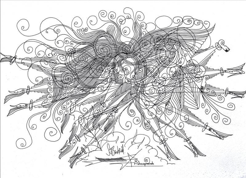 Religious mixed media drawing titled 'Untitled 61', 12x17 inches, by artist Krishnaprakash Vasant Martand on Canson Paper