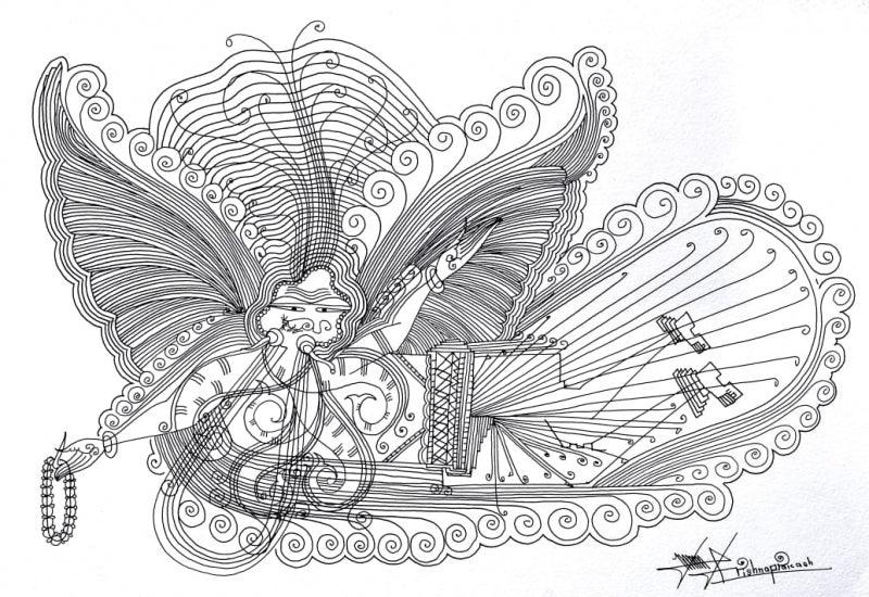 Religious mixed media drawing titled 'Untitled 62', 12x17 inches, by artist Krishnaprakash Vasant Martand on Canson Paper