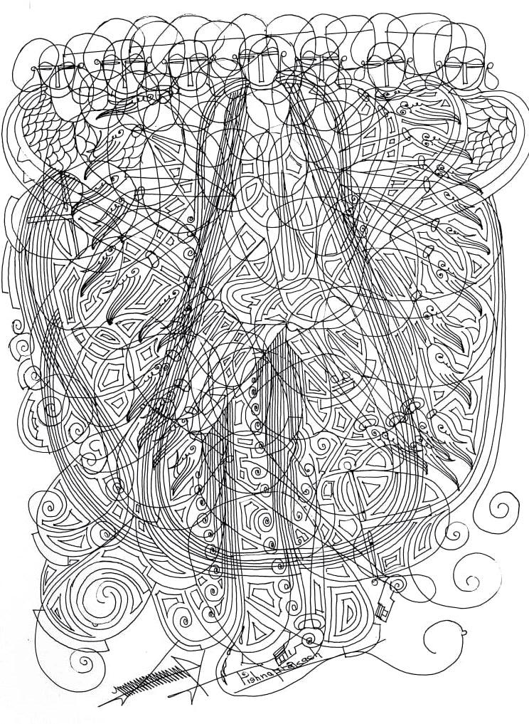 Figurative mixed media drawing titled 'Untitled 65', 16x12 inches, by artist Krishnaprakash Vasant Martand on Canson Paper