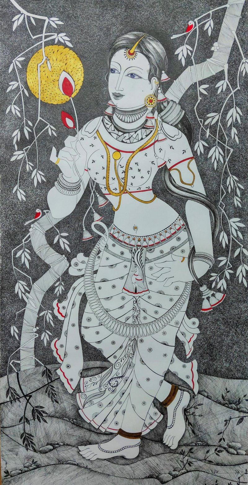 Figurative mixed media drawing titled 'Untitled 7', 54x27 inches, by artist Dalip Chandolia on Paper