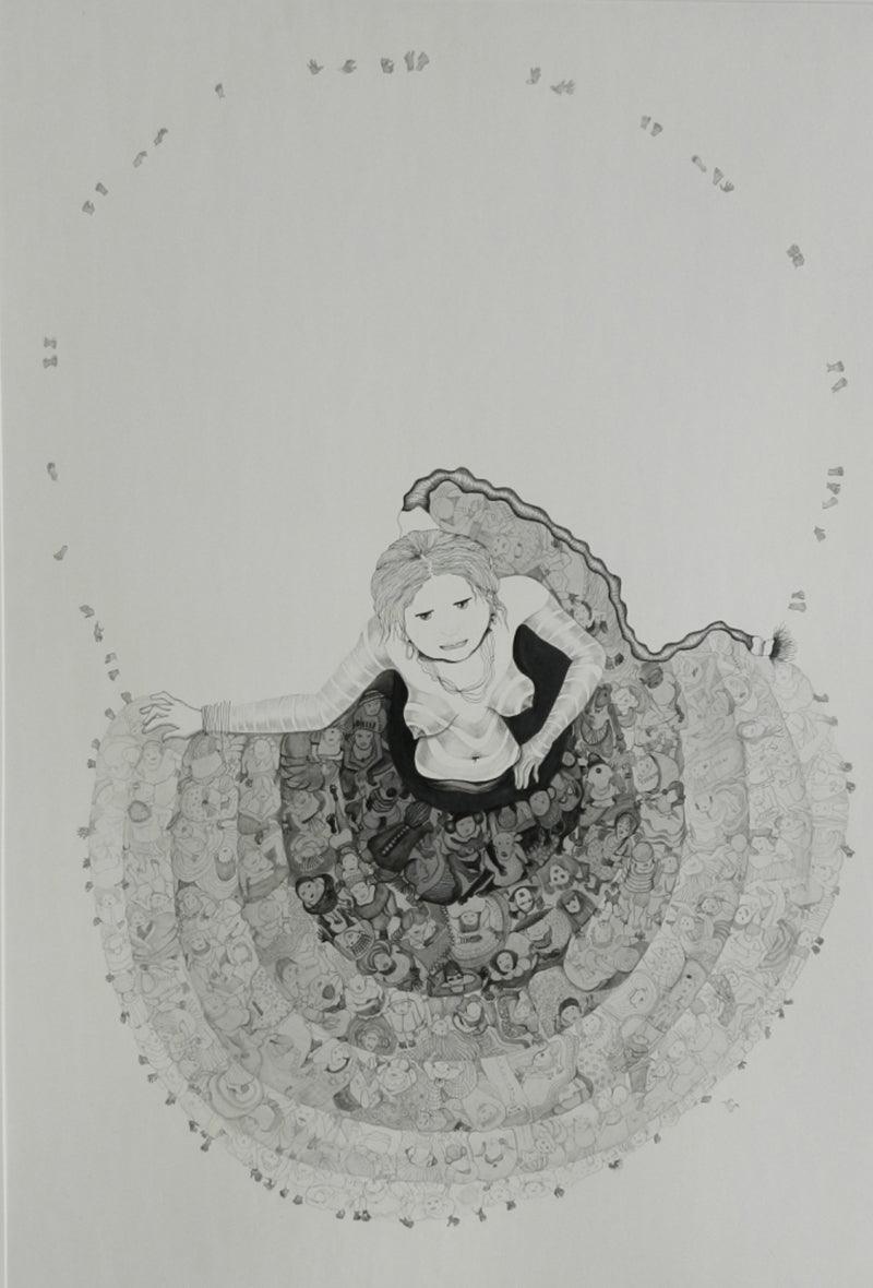 Figurative mixed media drawing titled 'Untitled 7', 44x30 inches, by artist Hema Mhatre on Paper