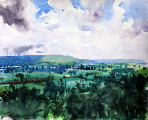 Untitled 7 (Rolling Hills and Clouds) by Azharuuddin Inamdar, Original Watercolor Nature Painting on Paper, X-Small Horizontal Wall Art