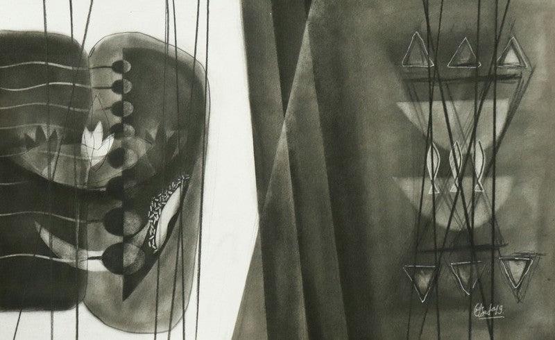 Abstract charcoal drawing titled 'Untitled 7', 14x22 inches, by artist Narendra Jatav on Paper
