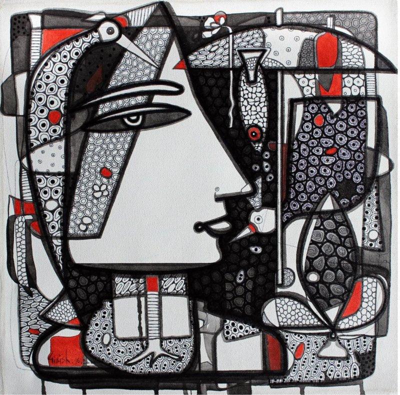 Figurative ink drawing titled 'Untitled 7', 17x17 inches, by artist Girish Adannavar on Canvas