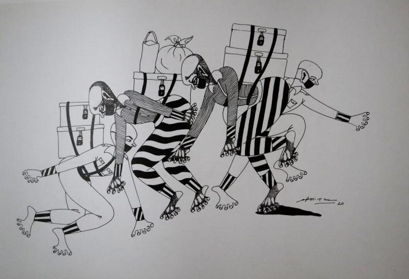 Figurative pen ink drawing titled 'Untitled 7', 13x17 inches, by artist Shrikant Ranga on Paper