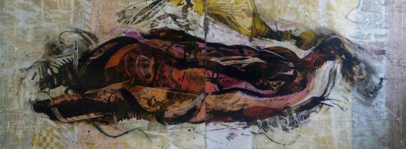 Abstract acrylic painting titled 'Untitled 7', 36x96 inches, by artist Balu Chaudhari on Acrylic Sheet