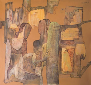 Untitled 7 (Intimate Discourse) by Raju Baviskar, Original Acrylic Figurative Painting on Canvas, X-Large Horizontal Wall Art