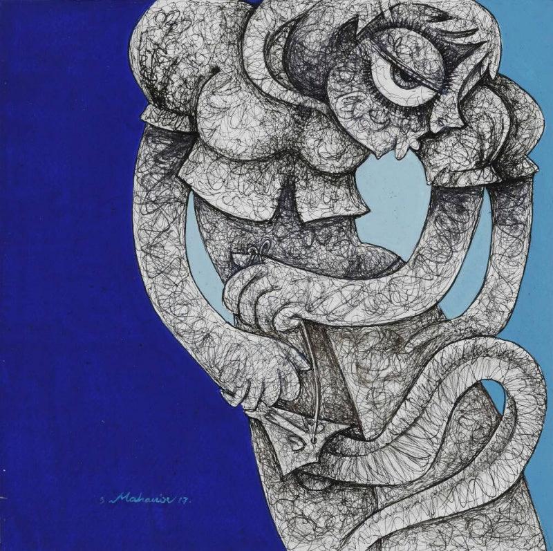 Figurative acrylic ink painting titled 'Untitled 7', 10x10 inches, by artist Mahavir Verma on paper