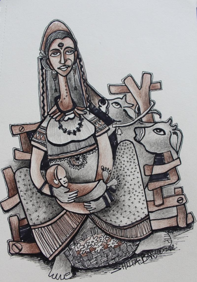 Figurative mixed media drawing titled 'Untitled 8', 11x7 inches, by artist Shilpa Bansod on Paper