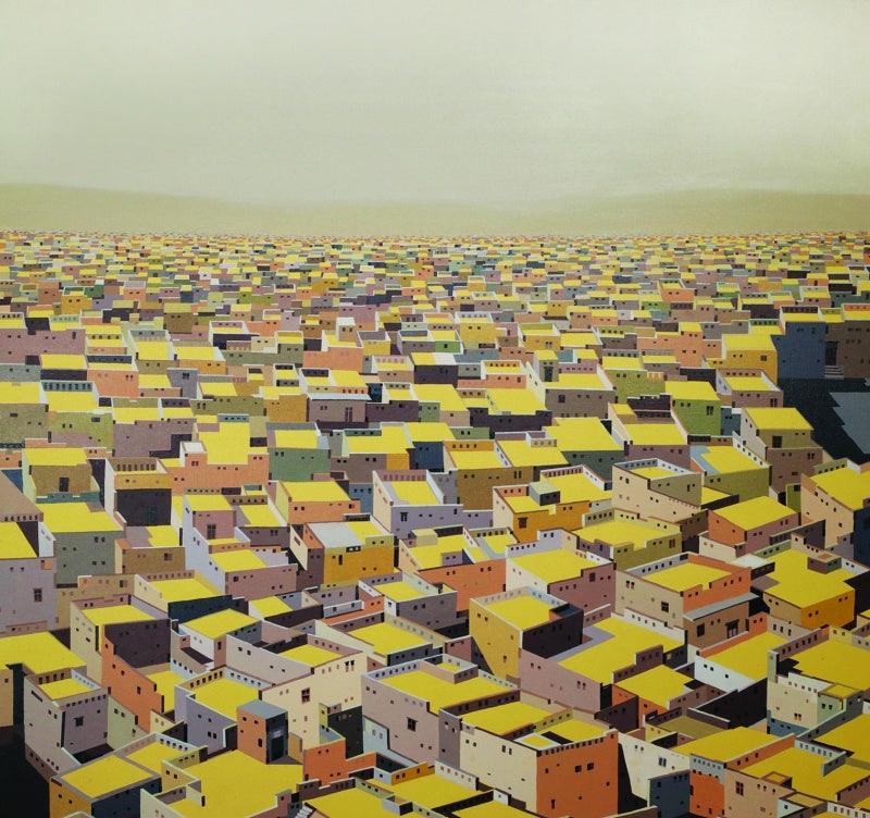 Cityscape acrylic painting titled 'Untitled 8', 48x48 inches, by artist Madan Pawar on Canvas