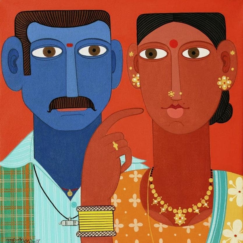 Figurative acrylic painting titled 'Untitled 8', 12x12 inches, by artist Narsimlu Kandi on Canvas