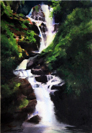 Untitled 8 (The Hidden Cascade) by Azharuuddin Inamdar, Original Watercolor Nature Painting on Paper, X-Small Vertical Wall Art