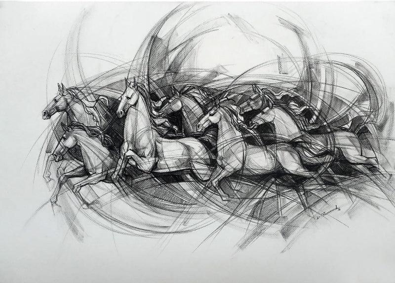 Animals charcoal painting titled 'Untitled 8', 21x29 inches, by artist D Tiroumale on Handmade Paper