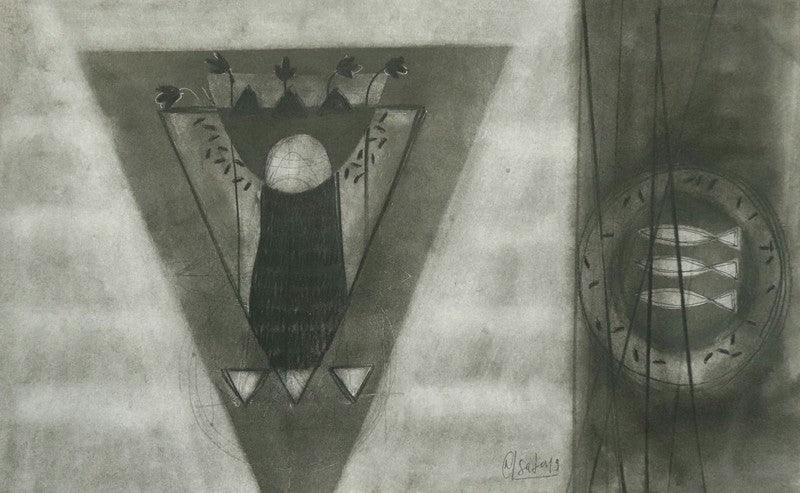 Abstract charcoal drawing titled 'Untitled 8', 14x22 inches, by artist Narendra Jatav on Paper