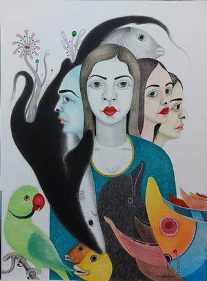 Figurative mixed media painting titled 'Untitled 8', 30x22 inches, by artist Rajesh Salagaonkar on Paper