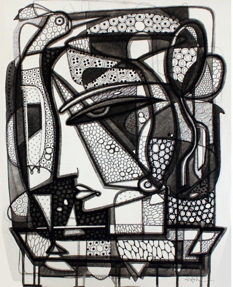 Figurative ink drawing titled 'Untitled 8', 20x16 inches, by artist Girish Adannavar on Canvas