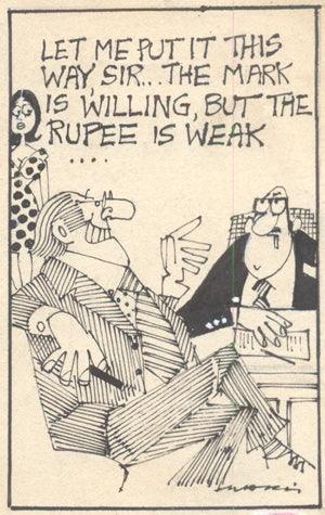 Figurative pen ink drawing titled 'Untitled 87', 5x3 inches, by artist Mario Miranda on Paper