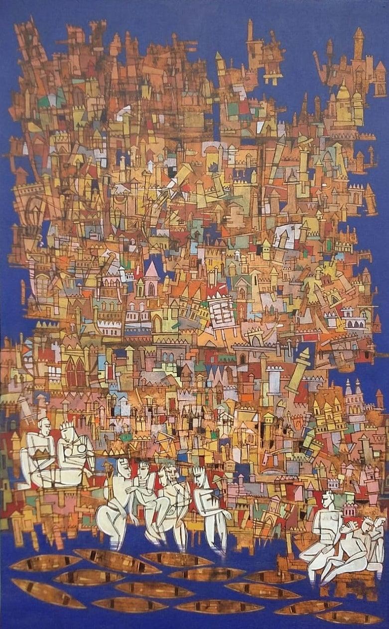Cityscape acrylic painting titled 'Untitled 9', 48x30 inches, by artist Biswajit Mondal on Canvas