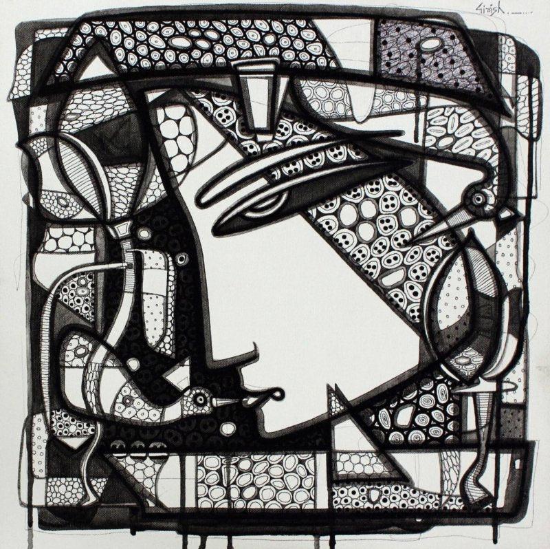 Figurative ink drawing titled 'Untitled 9', 18x18 inches, by artist Girish Adannavar on Canvas